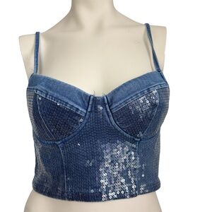 Sequin Denim Bustier Top